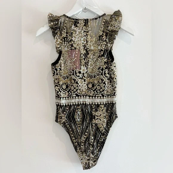 Bodysuit NWT Black & Gold Glitter Deep V Glam Party Hello Molly XS - Picture 5 of 6